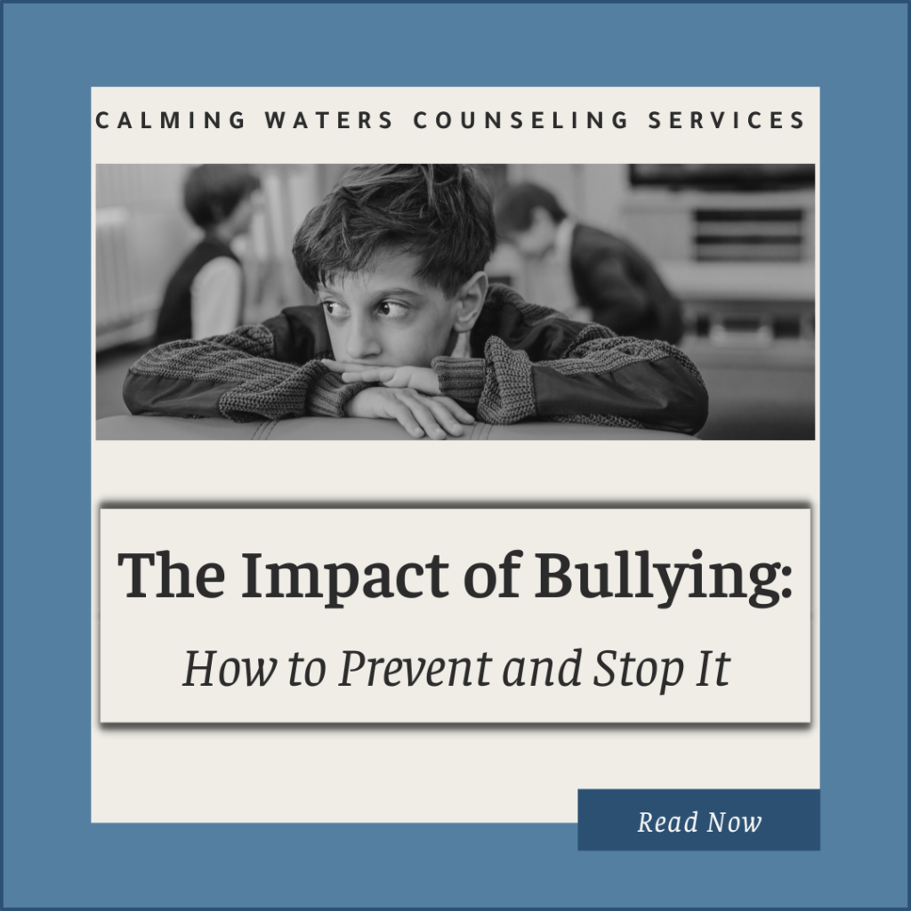 Black and white picture of a child with head laying on his arms while looking off in the distance along with the title of the blog "The Impact of Bullying: How to Prevent and Stop It."