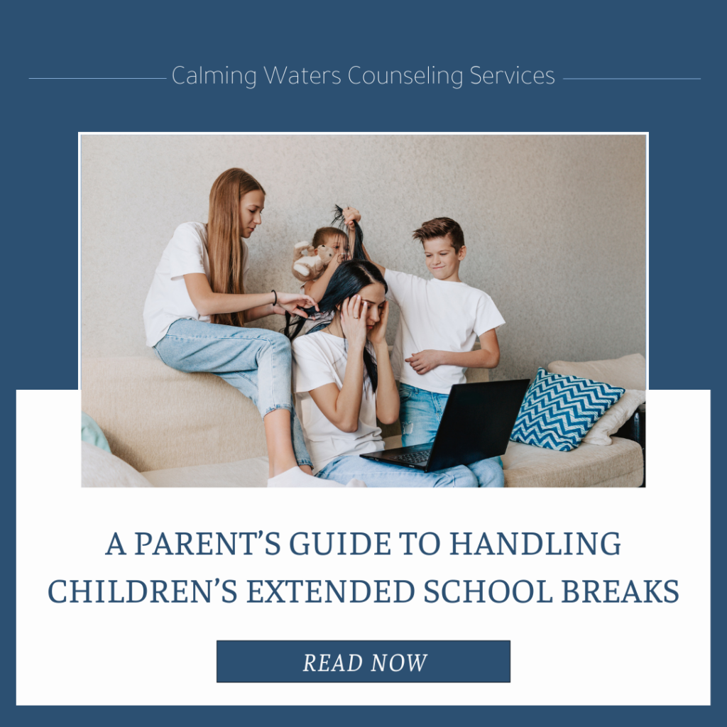 A mom sitting on the couch trying to work with her hands on her face and her laptop on her lap with her 3 children around her on the couch bothering her accompanied by a white textbox below the picture containing the blog title "A Parent's Guide to Handling Children's Extended School Breaks"