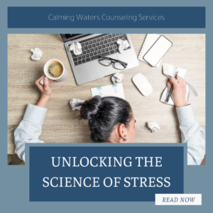 Woman with head down on a desk with scattered papers and an open laptop computer with a box underneath containing the title of the blog "Unlocking the Science of Stress"