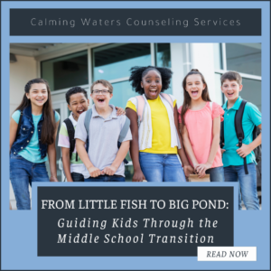 Group of middle school kids together smiling at the camera with the title of the blog "From Little Fish to Big Pond: Guiding Kids Through the Middle School Transition" below the picture